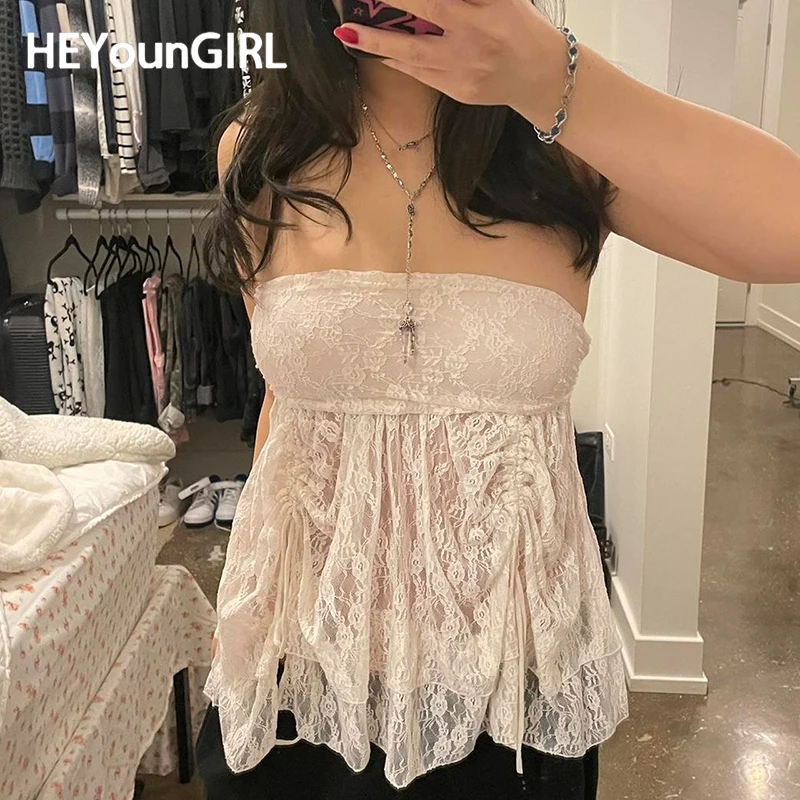 

HEYounGIRL Drawstring Lace Women Strapless Top Y2K Summer Cute Sweet A-line Tube Tops See Through Sexy Beach Style Tank Camis
