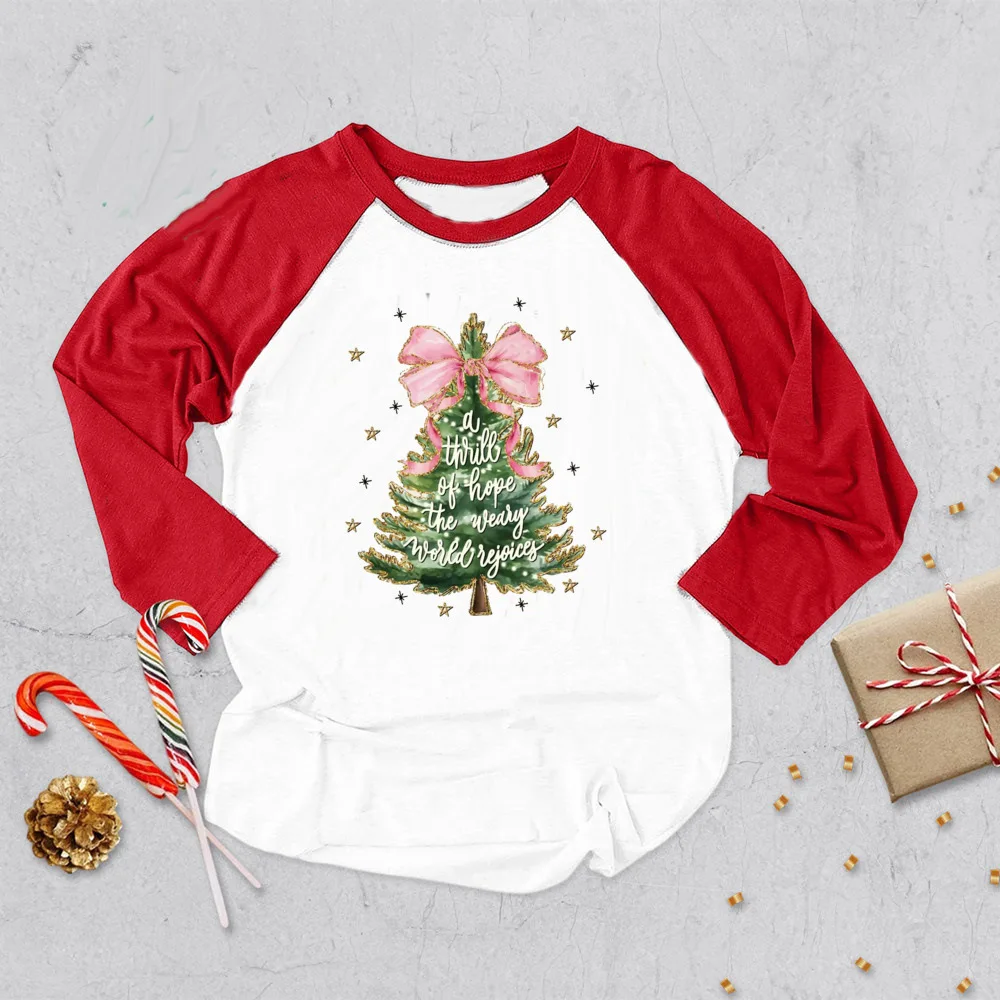 thumbnail image 4 of Camisetas navideñas con estampado de lazo de árbol de Navidad para niños, camisetas de manga larga raglán para niños y niñas, camisetas gráficas para niños, camisetas para fiestas navideñas, regalos, 4 of 5