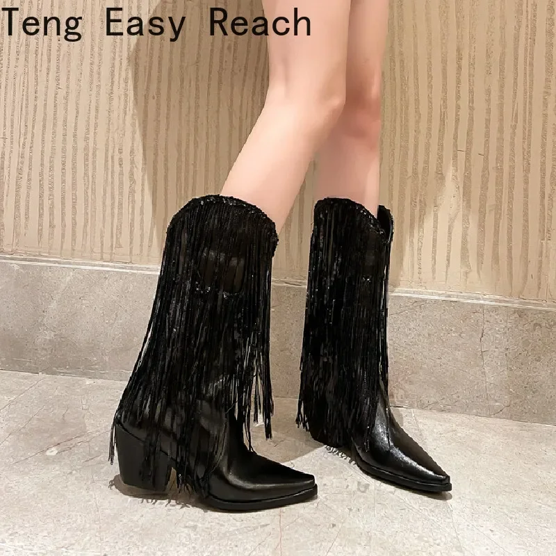 2024 Women's Silver Tassel Western Boots Fashion Spring and Autumn Pointed Thick Heels Western Boots Gold Green Pink Black