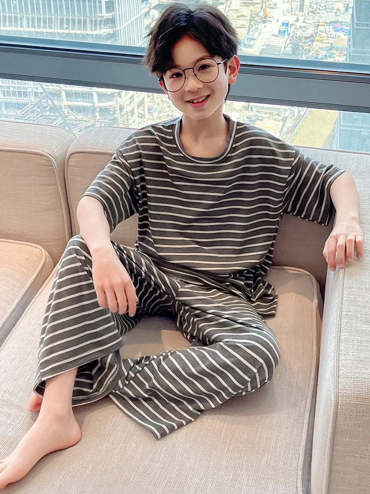소년 여름 잠옷 얇은 반팔 줄무늬 홈 의류 세트 어린이 홈 슈트 부드러운 면 편안한 통기성 잠옷