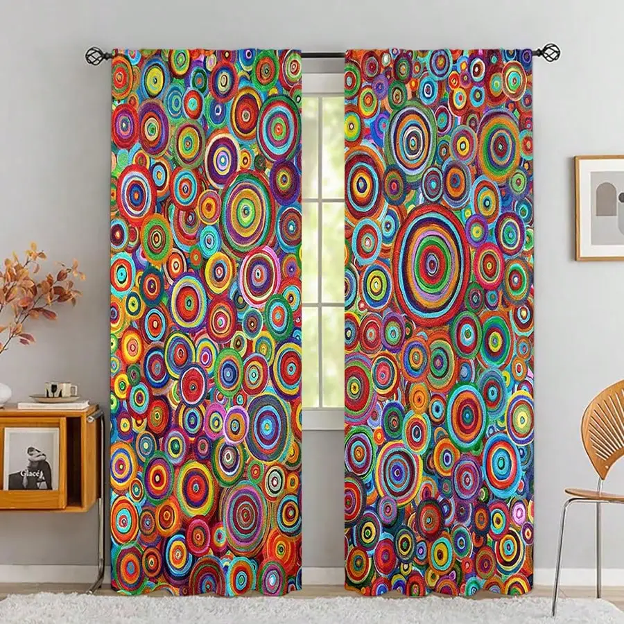 2 ชิ้น/เซ็ต, Boho Geometric Polka Dot การพิมพ์ดิจิตอลผ้าม่านห้องนั่งเล่นผ้าม่าน, การปิดกั้นผ้าม่าน, โปร่งแสง Grommet Top Curtai 1