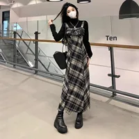 French Elegant Plaid Strap Long Dress Women's Autumn Winter New Small Size Fragrance Wind Set Dress Polyester Fiber Full Sleeve