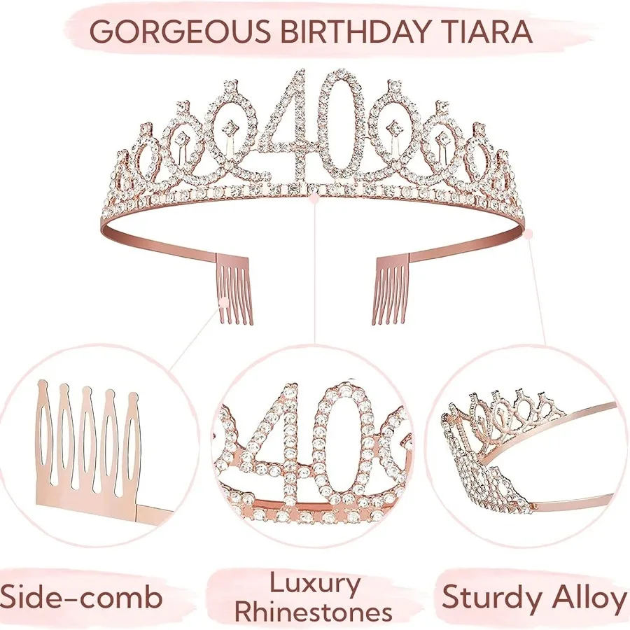 Geburtstags-Tiara-Kronenschärpe für Damen und Mädchen, 15., 20., 25., 30., 35., 40., 45., 50., 55., 60., 65. 70. Partydekoration, Gastgeschenke – Detail 13