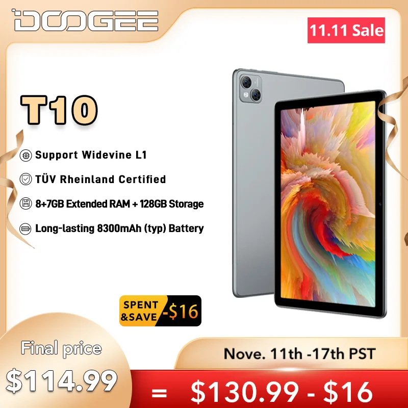 【ワールドプレミア】DOOGEE T 10タブレット10.1インチIPS FHD+ディスプレイ、T嘆Vライン認証のOcta Core Android  12タブレット13 MPメインカメラ8300 mAhバッテリータブレットパッド8+7 GB拡張RAM+128 GBストレージ