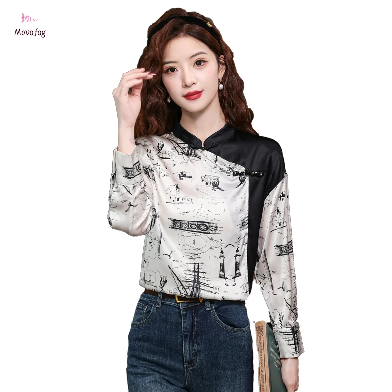 

Женская атласная рубашка с длинным рукавом, Новинка лета 2024, Свободная блузка с воротником-стойкой, модный топ в китайском стиле с принтом