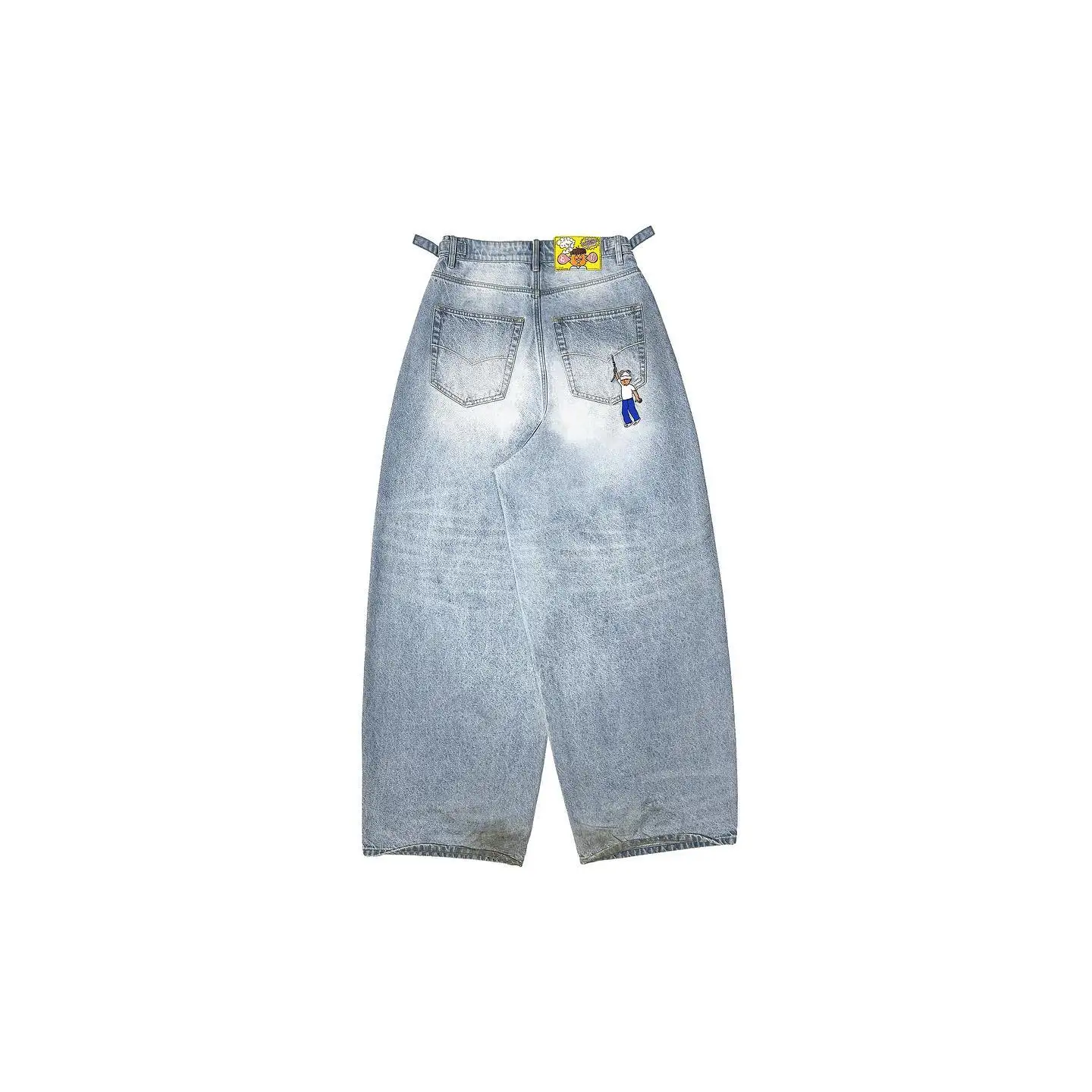 American Cartoon Embroidered Jeans Y2K Mens Womens Retro Pocket Embroidery Vintage Blue Baggy Jeans Oversized Wide Leg Trousers 2