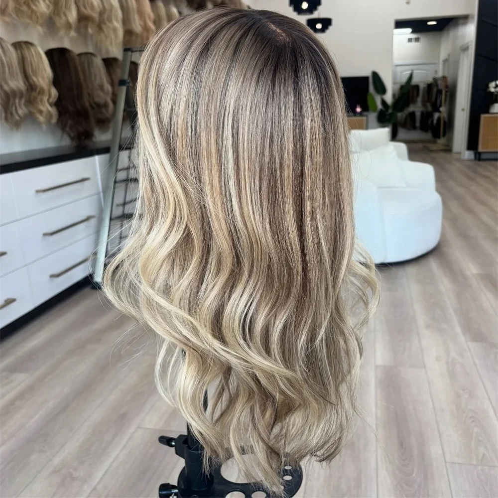 Parrucca Ondulata 100% Capelli Umani con Highlights Ombré Marrone e Biondo Cenere - immagine 4