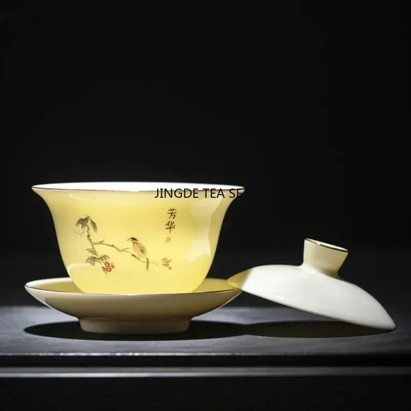 130ml Chinese ceramic tea set hand-painted flower and bird tea bowl handmade kung fu tea set