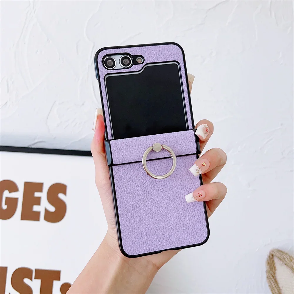 Luxury Litchi Grain Leather Case with Metal Ring Rotating Stand
