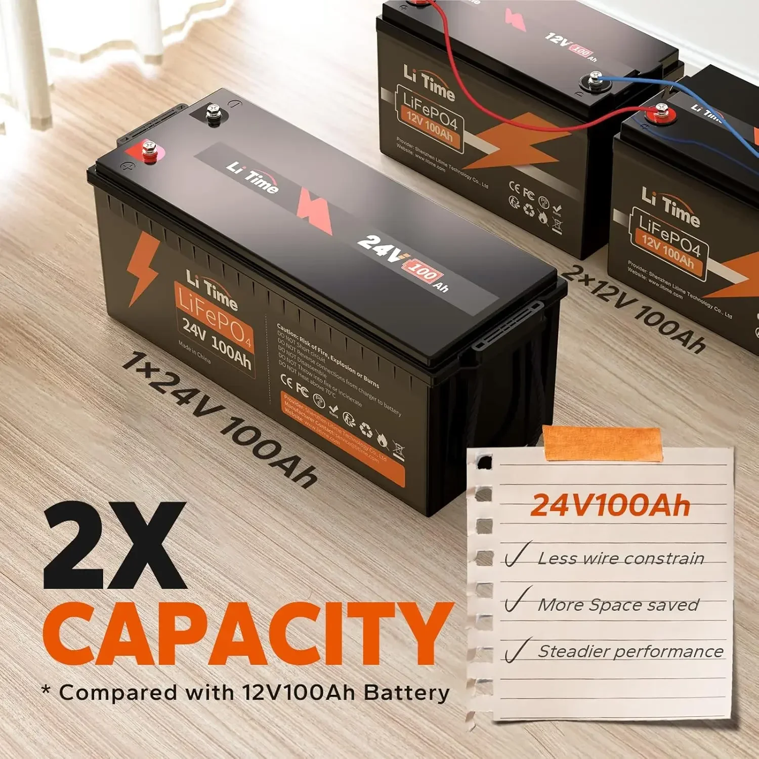 24V 100Ah LiFePO4 Lithium Battery Built-in 100A BMS 4000+ Cycles Rechargeable Battery Max. 2560W Load Power