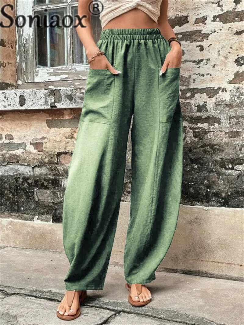 Summer Solid Color Casual Wide Leg Long Pants Female 2023 Fashion Streetwear Splicing Pocket Elastic Waist Daily Women Trousers