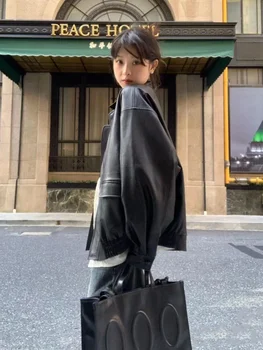 Vintage PU Leather Jacket Women High Street Techwear Oversized Moto Biker Coats BF Punk Loose Casual Cropped Outerwear 4