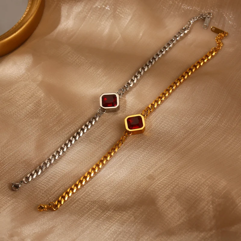 

New Cubic Zirconia Rhomboid Pendant Bracelet Women Gold Silver Color Stanless Steel Cuban Chain Choker Elegant French Jewelry