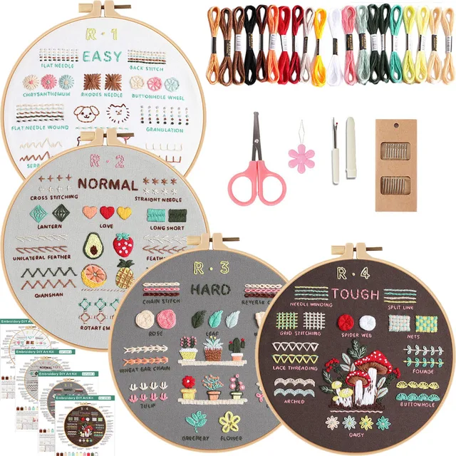 4 Stage Embroidery Kit for Beginners Adults Learn 38 Stitch Techniques with Floral Patterns Threads Tools Easy Instructions 1