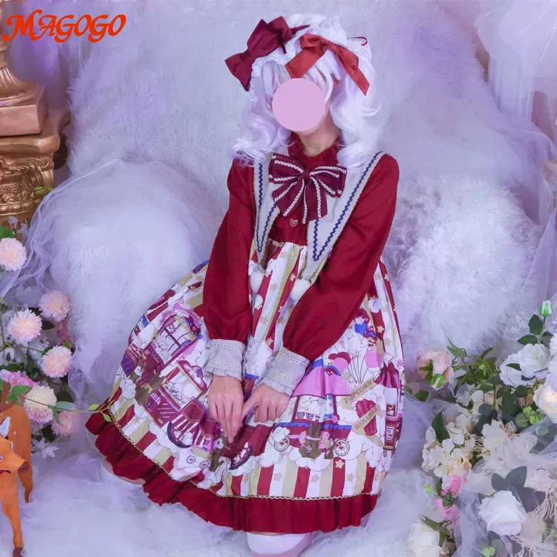 

MAGOGO Summer Lolita Long Sleeve Red Dress Costume Women New Fashion Soft Girls Bow Dress