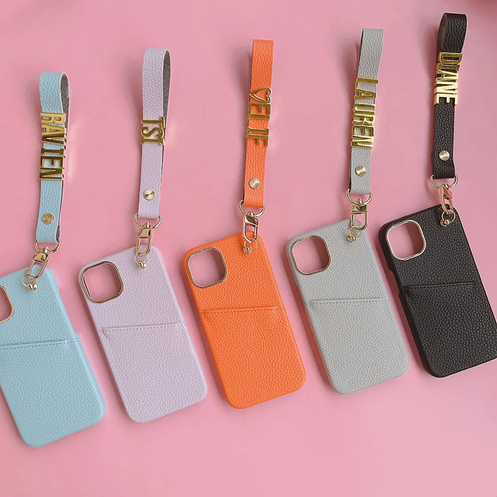 Personalise Pebble Leather Custom Name Card Holder Phone Case For iPhone 11 12 13 14 15Pro Max Protective Lanyard Bracelet Cover