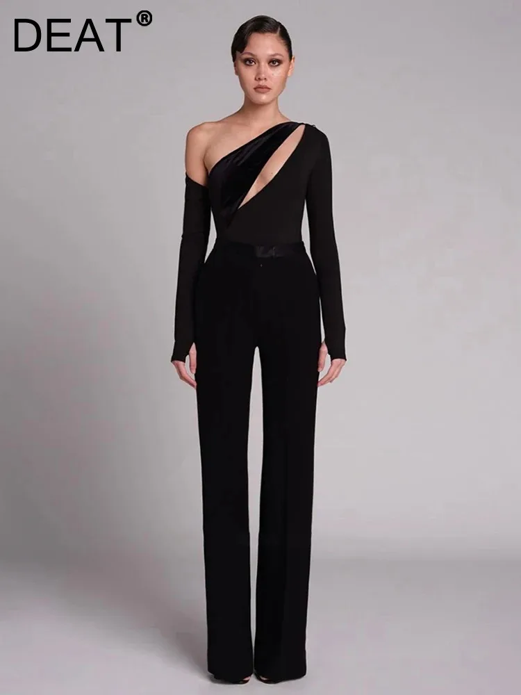 

DEAT Women's 2 Pcs Set Skew Collar Long Sleeve Hollow Out Solid Color Coat High Waist Loose Pants Suit Winter 2024 New 13DB4466