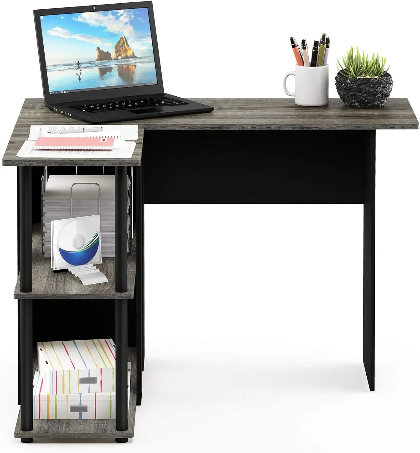 L Shape Computer Desk with Bookshelf French Oak Grey Black 4