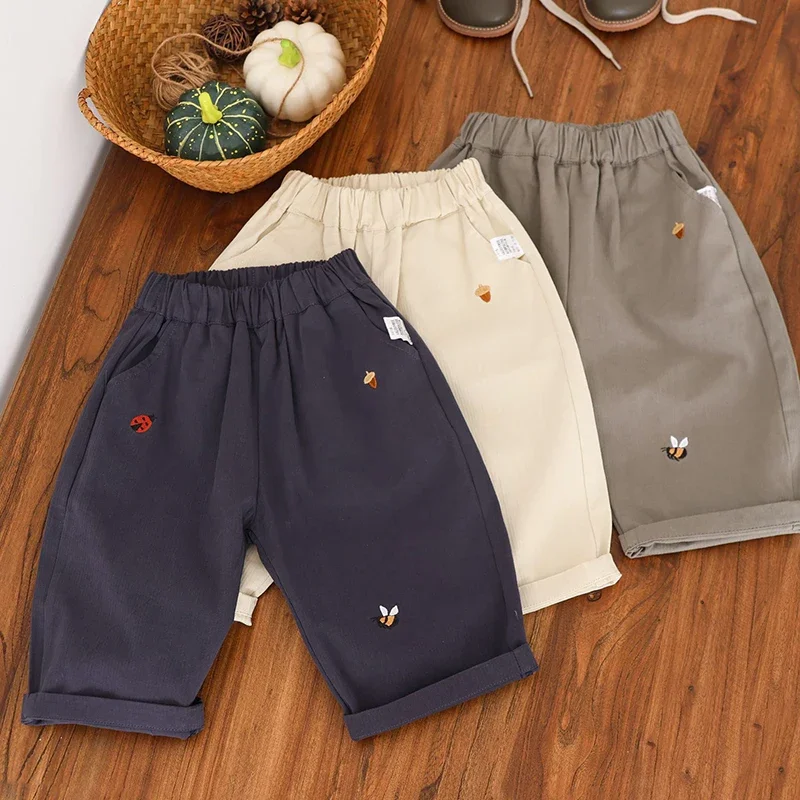 Baby Children's Casual Pants 1-5Y Spring 2025 New Boys' Solid Color Trousers Girls Cartoon Embroidery Outdoor Pants 2