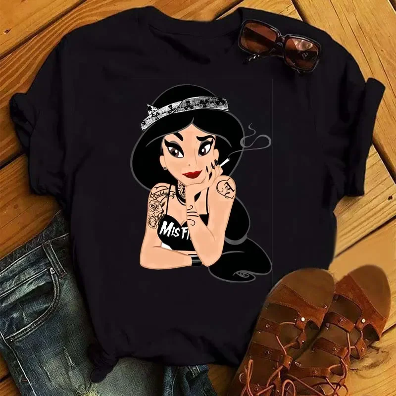 Nuevas camisetas de moda para mujer, camiseta con estampado de princesa Punk, ropa de manga corta, camiseta Kawaii de Disney, camisetas para mujer, ropa de calle