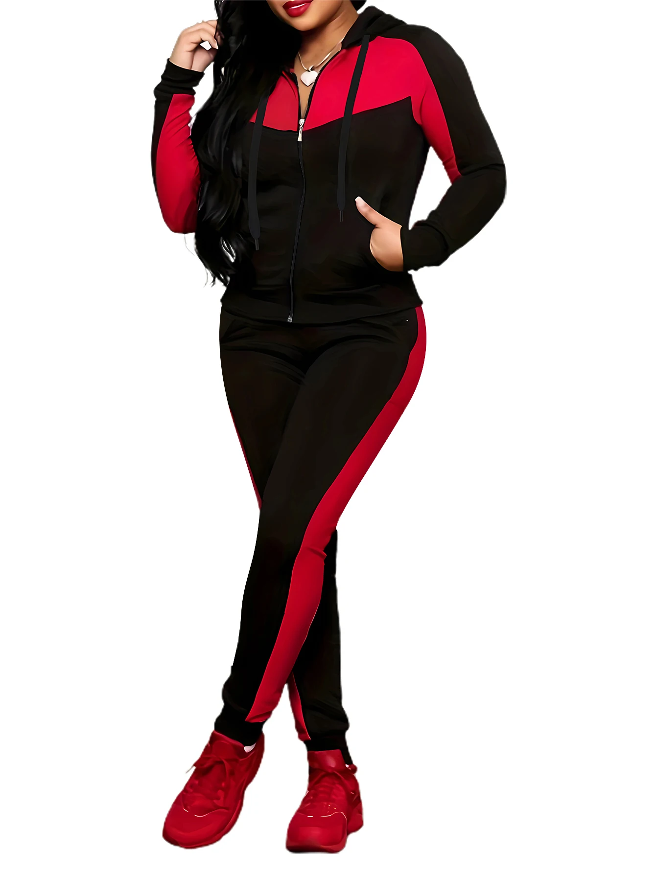 Two-piece Set Women's Colorblock Zip UpHoodie & Pocket Pants, Casual Long SleeveHooded Sweatshirt & Jogger Pants for DailyWear, 1
