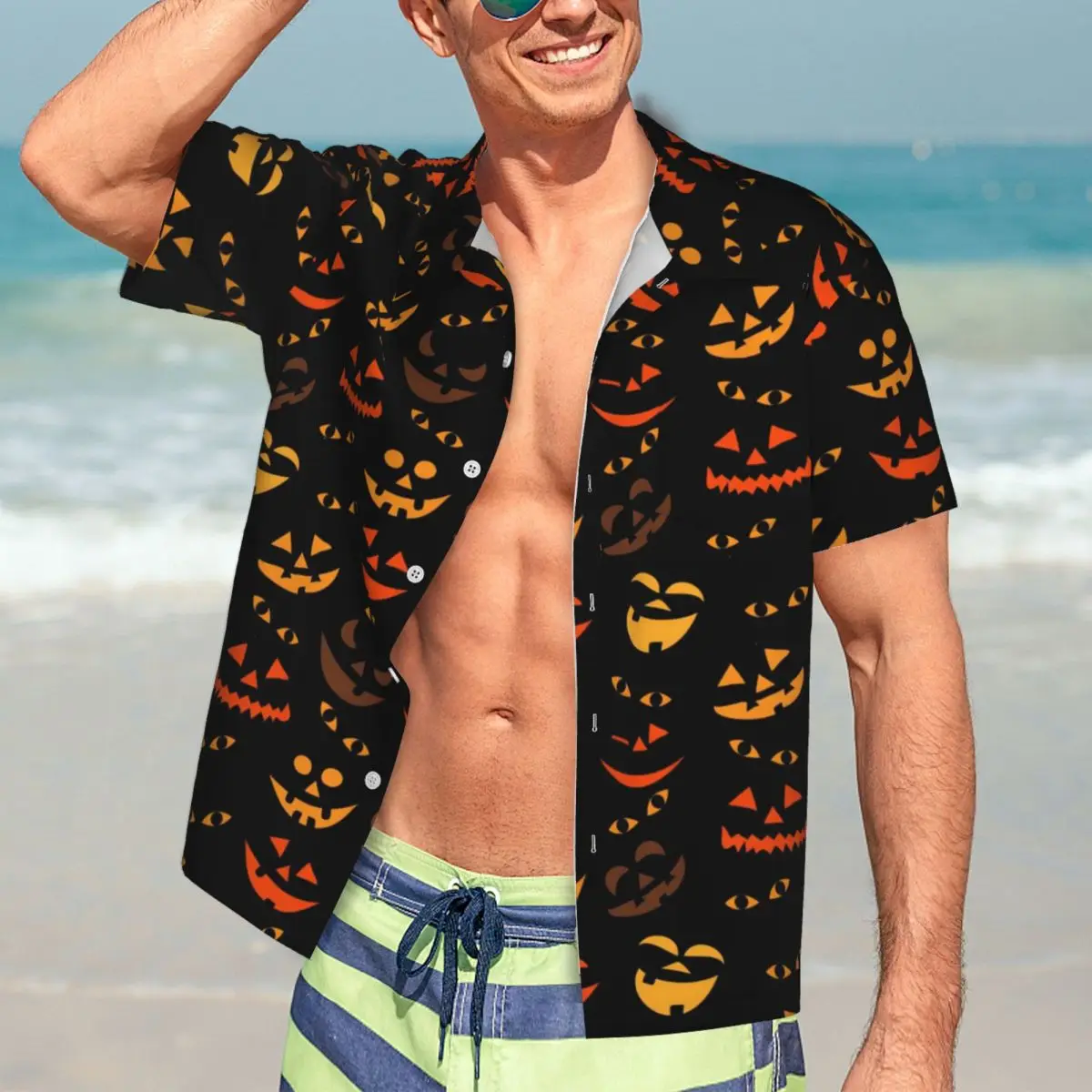 

Pumpkin Print Beach Shirt Men Halloween Faces Casual Shirts Hawaiian Short Sleeves Graphic Loose Oversized Blouses Gift