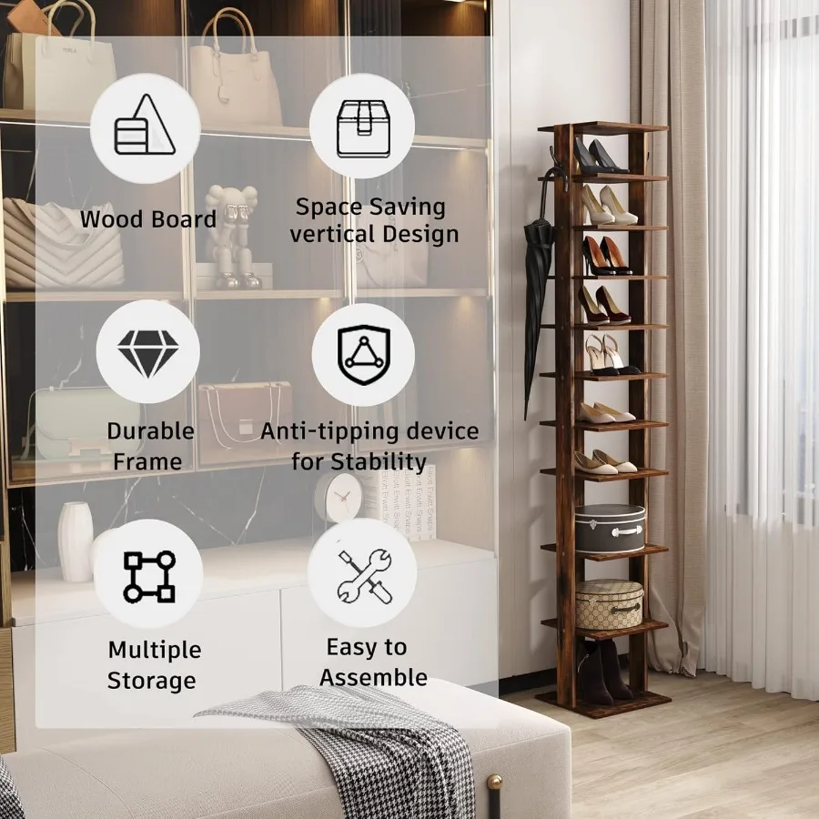 10Tier Vertical Shoe Rack Corner Shoe Tower Slim Shoe Organizer with Two Hanging Hooks Wooden Shoe Storage Stand for Entryway H