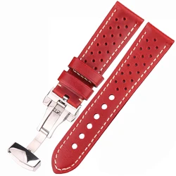 Premium Genuine Leather Unisex Watch Strap with Deployment Clasp - Available in Multiple Sizes & Colors for 22mm (Red)