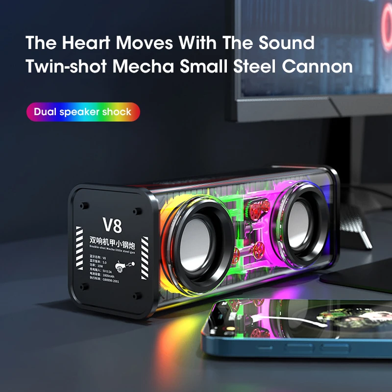V8 Wireless Bluetooth 5.0 Transparent Mecha Speakers Double Bass Diaphragm Subwoofer TWS Mini Party RGB Light Loudspeaker