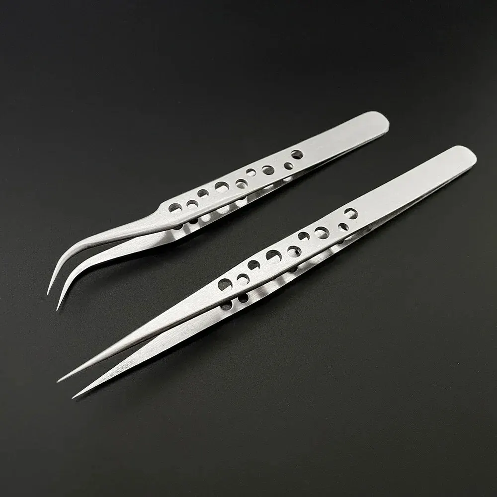 Stainless Steel Precision Perforated Tweezers with Pointed Elbows Frosted and Glossy Nine Hole Tweezers