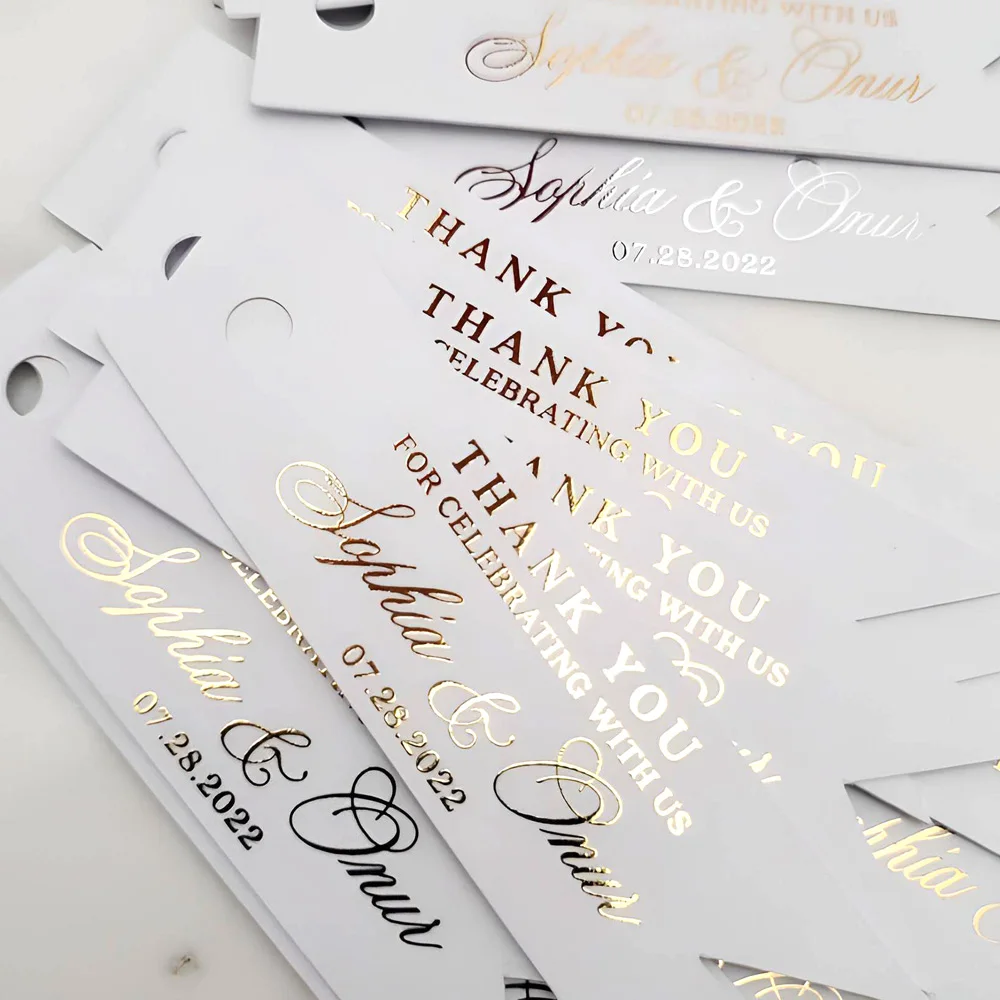 Custom Labels 50pcs Wedding Gold Name Tags Thank You Pre-punched Hole