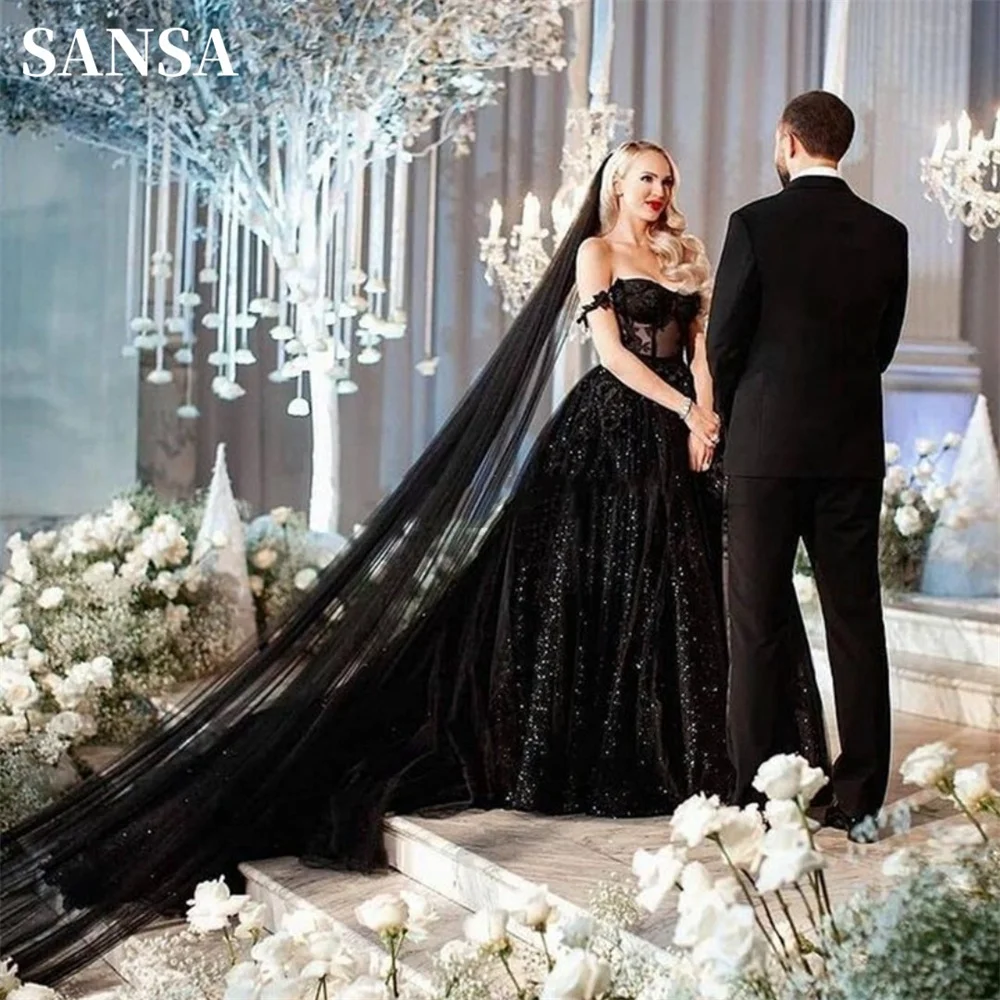 

Sansa Luxury Black Long Tail Wedding Dress Gorgeous Lace Embroid Vestidos De Novia Shiny Off Shoulder Puffy Robe De Mariée