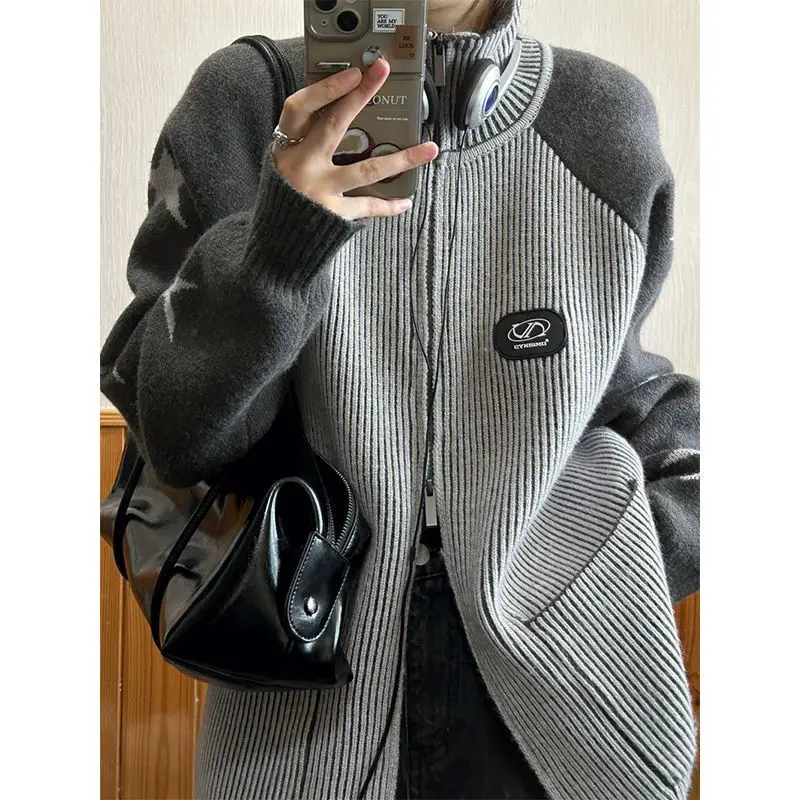 

Vintage turtleneck Cardigans sweater grey Double Zipper Women Autumn Sweater Y2k Korean fashion Star Print Patchwork Jacket