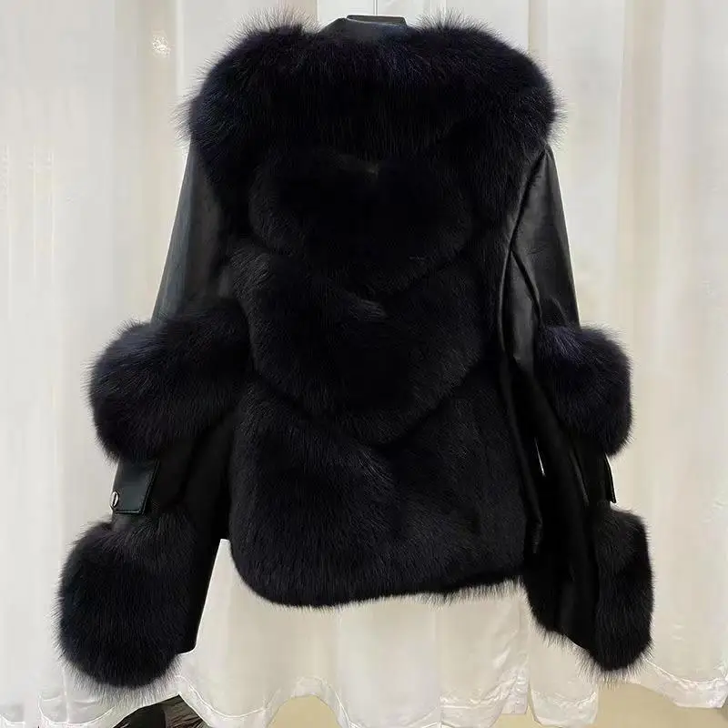 Women Fashion Thick Warm Faux Faux Fur Fox Jacket Coat Vintage Long Sleeve Belt Hem Female Winter Coat Women Outerwear Chic Tops