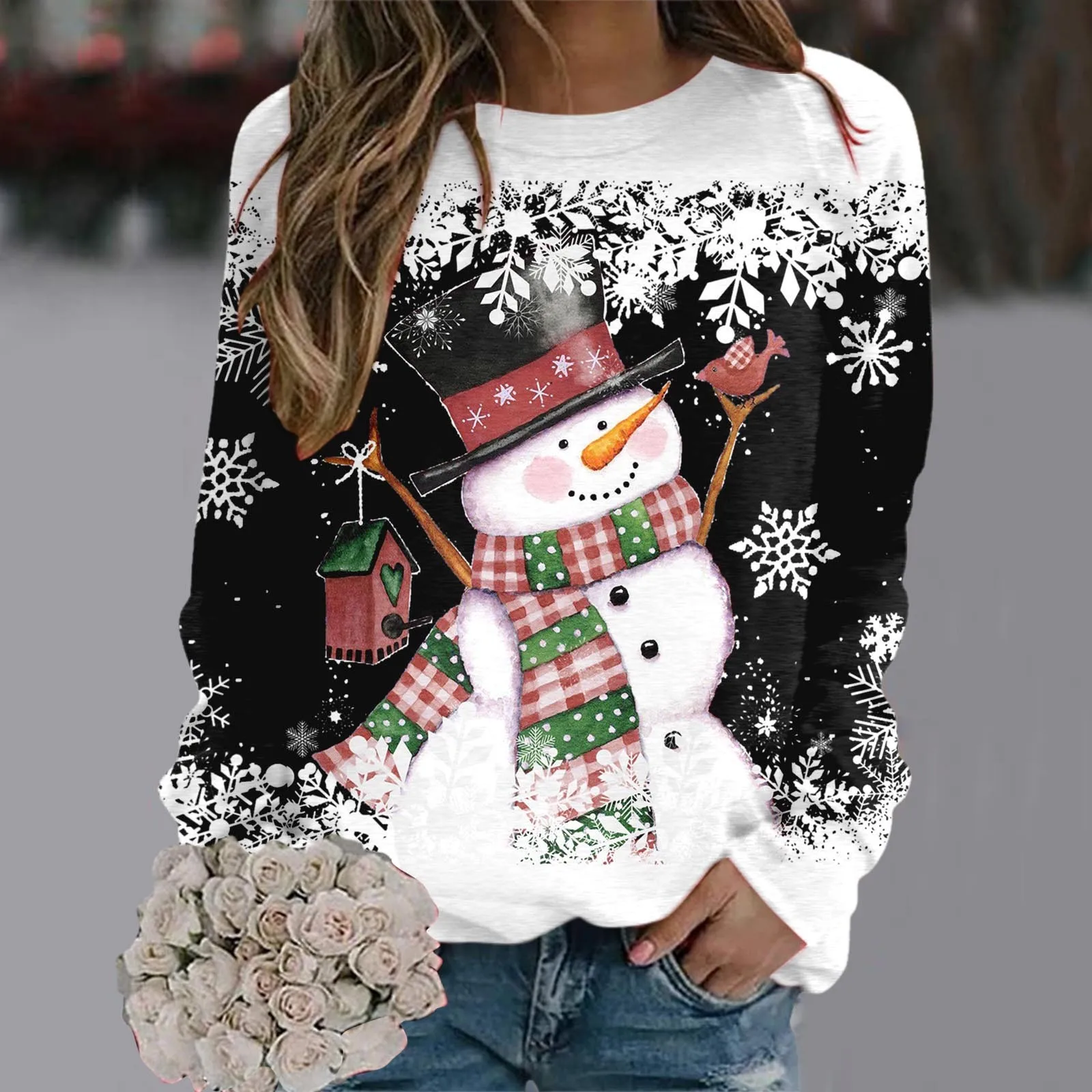 

Christmas Snowman Print Sweatshirt Y2k Sweet O Neck Long Sleeve Loose Hoodies Womens Harajuku Casual Pullovers Xmas Tracksuits