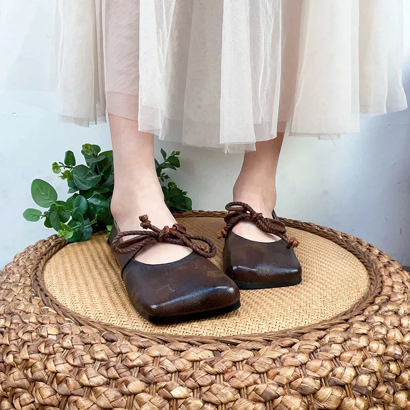 

YourSeason Ladies Vintage Shallow Shoes 2023 New Square Toe Lace-up Genuine Leather Women Handmade Comfortable Flats Solid Color