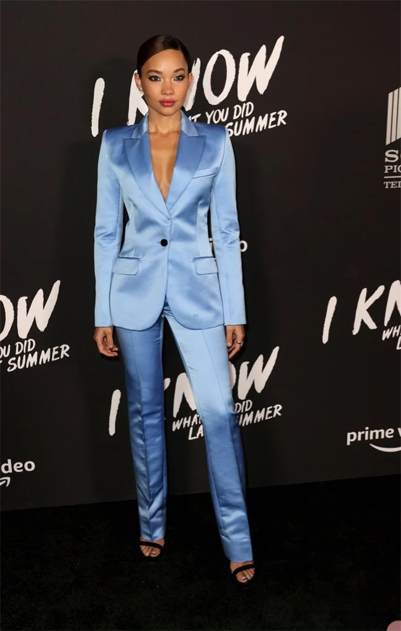 Silk Satin Women Suits Pieces Office Set Royal Blue Red Carpet