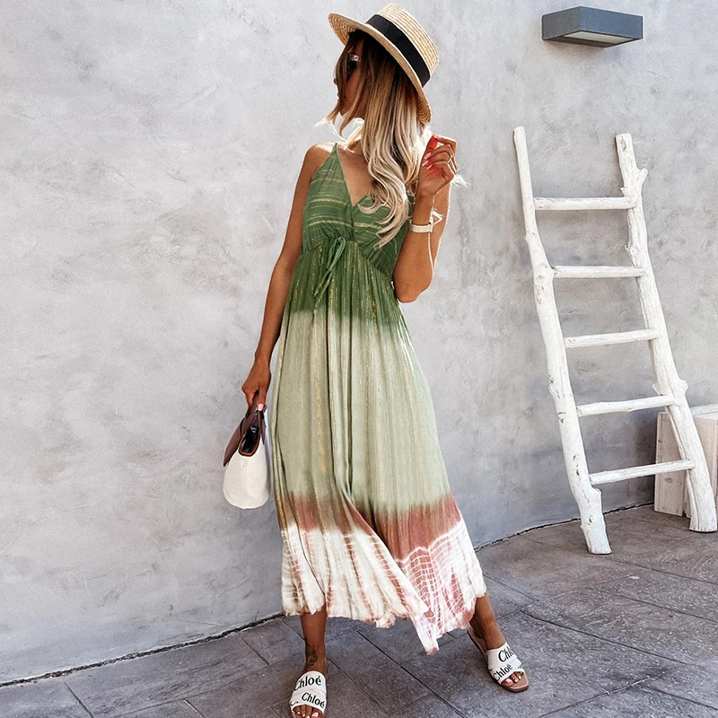 

Ardm Elegant Strap Tie Dye A-Line Boho Summer Dresses For Women 2022 Sleeveless Backless Midi Dress Beach Dress Vestidos