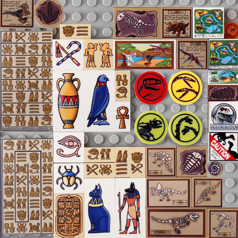 Moc Jurassic Dinosaur Printed Tiles Egitto Murale Egiziano Stone Pot Relief Building Blocks Park Ticks Mattoni Assemblare Giocattoli