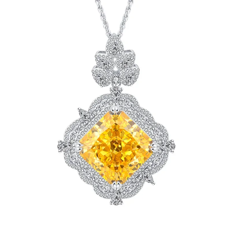 

Spring Qiaoer 925 Sterling Silver Crushed Ice Cut 18MM Sapphire Citrine Gemstone Sparkling Pendant Necklace Fine Jewelry Gift