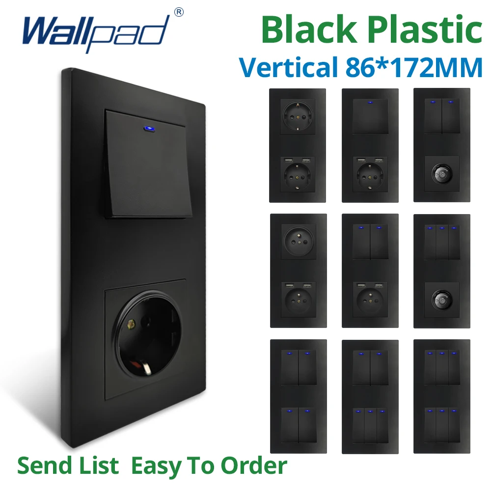 

Wallpad Vertical 172*86mm Black Plastic Panel 1/2/3 Gang 2 Way Wall Light Switch With LED Dual USB EU Socket Outlet Dimmer