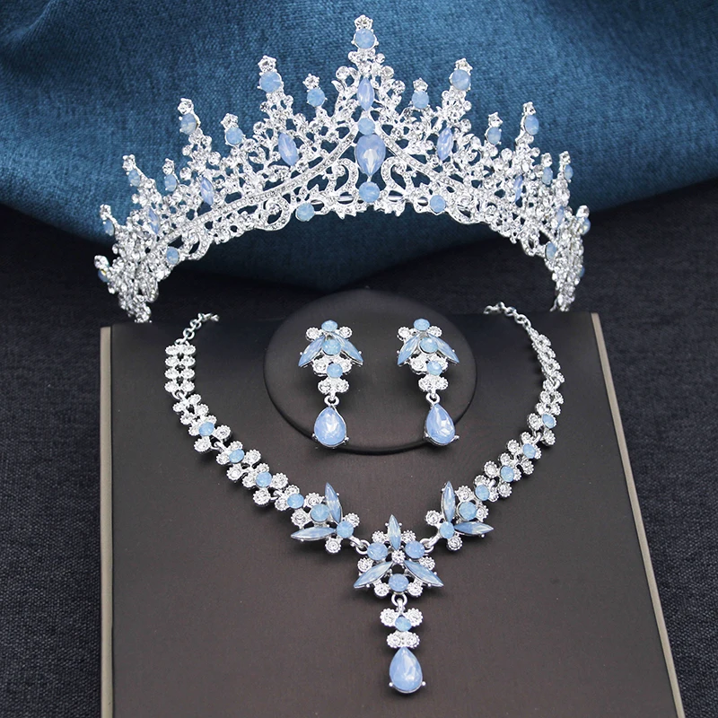 Silver Color Opal Blue Wedding Crown Jewelry sets Tiaras and Earrings necklace set For Women Princess Girls Prom Gifts
