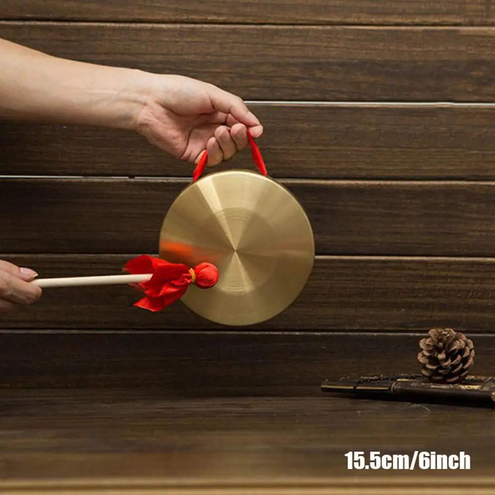 Portable 15.5cm Hand Gong Brass Copper Cymbals with Wooden Stick Percussion Instrument Toys for Traditional Festival