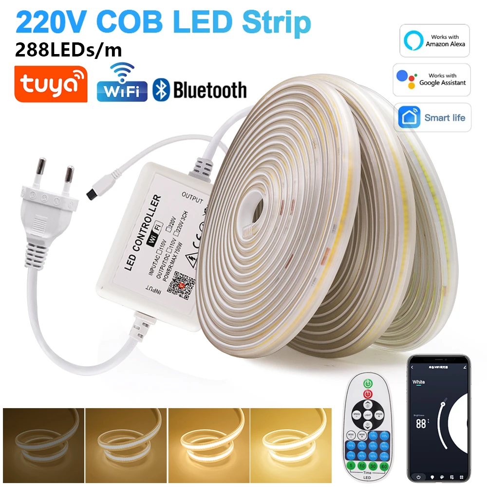 

Tuya Wifi COB LED Strip 220V Bluetooth Remote Control 288LEDs/m Dimmable Waterproof Flexible Led Tape Ribbon 3000K/4500K/6000K