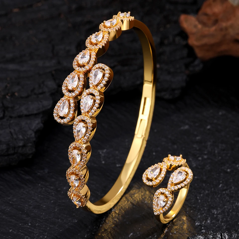 ZAKOL 9 Styles Golden Open Bracelet Ring Jewelry Set Geometric Shiny Zircon 18K Gold Plated Middle East Wedding Party Jewelry 5