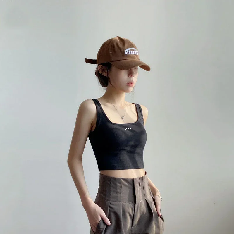 LO Sports Short Sleeved High Elastic Belt Chest Cushion Square Neck Short Vest Outdoor Sleeveless Exposed Navel Suspender Top