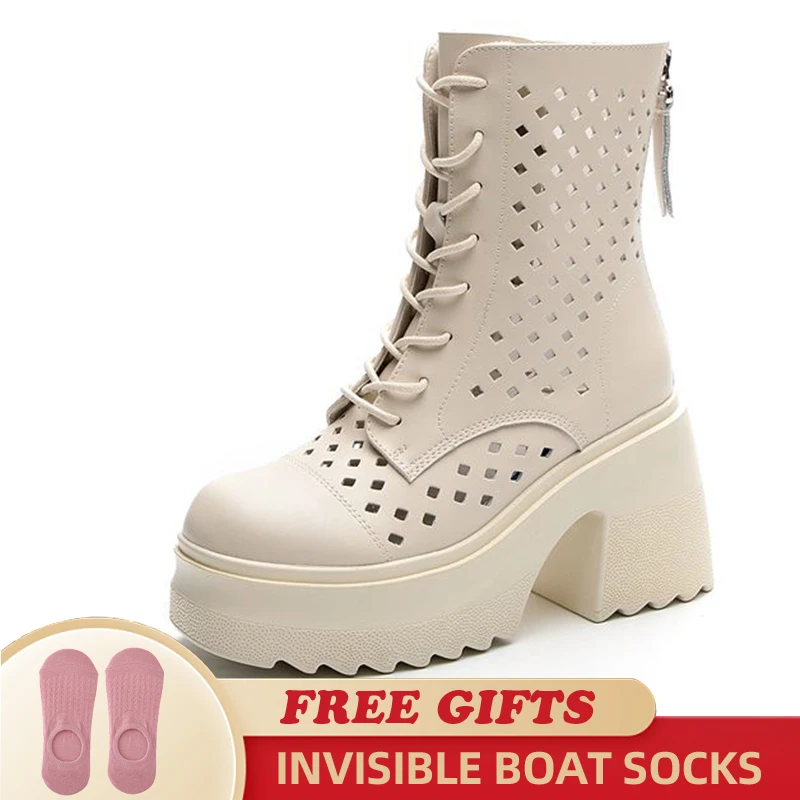 

2023 New Fashion 10cm Genuine Leather Thick Heels Booties Summer Hollow Females Sandal Boots Women Mid Calf Boots Platform Shoes