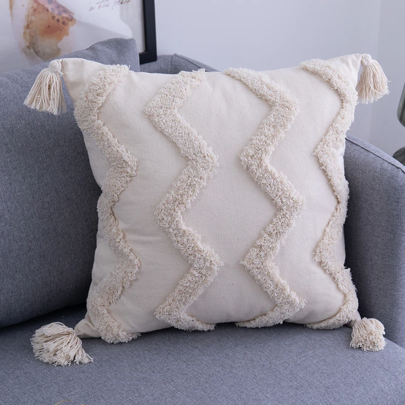 Simple Tufted Cushion Cover Geometric Rhombus Wave Big Tassel Pillowcase Hand-tufted and Crocheted Decorative Sofa Pillow Cover