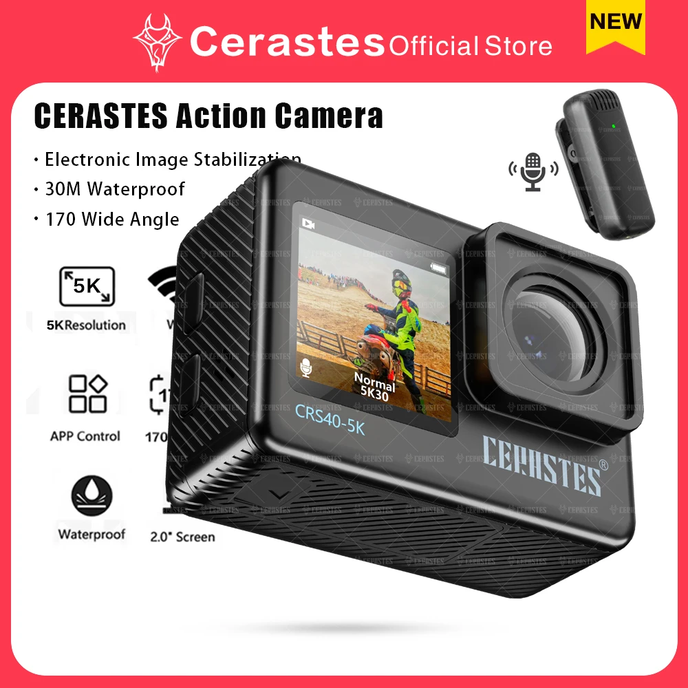 CERASTES 액션 카메라, 와이파이 손떨림 방지 듀얼 스크린, 170 ° 광각 30m 방수 스포츠 카메라, 리모컨 포함, 5K, 4K, 60FPS