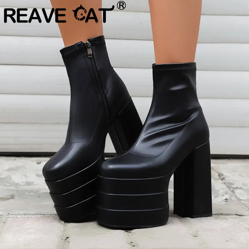 

REAVE CAT Fashion Women Ankle Boots Square Toe Block High Heels 14cm Platform Hill 7.5cm Zipper Party Booty Large Size 44 45 46